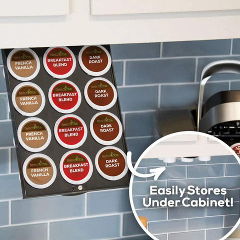 Under Cabinet Coffee Pod Storage Rack For Keurig K Cups under shelf, holds 12 pods, space-saving, no fuss installation with 3M tape.