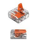 Top Shelf Hella Dependable 3 Conductor Wire Connectors For Solid Stranded Flexible Copper Cables in transparent housing.