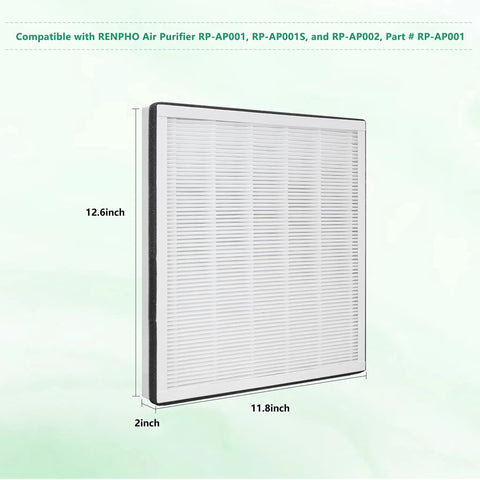 Replacement True HEPA Filter For RP-AP001 AP001S RP-AP002 Air Purifier with H13 filtration, side view dimensions shown