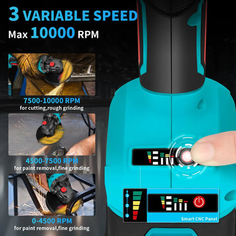Pro Grade Cordless 5 Inch Angle Grinder With 21V Brushless Motor, 10,000 RPM Variable Speed, speed control display, CNC panel