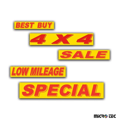Gas Saver Window Stickers For Auto Dealers Red On Yellow Vinyl Decals 14.5 By 2.75 Inches Weatherproof Windshield Signage For Car Lots Vehicle Displays Retail Events Pack Of 24 showing text: Best Buy, 4x4, Sale, Low Mileage, Special