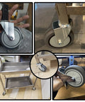 Set Of Four Smooth Operator 4 Inch Swivel Casters Dead Silent Tpr Rubber Glides mounted on a stainless steel cart.