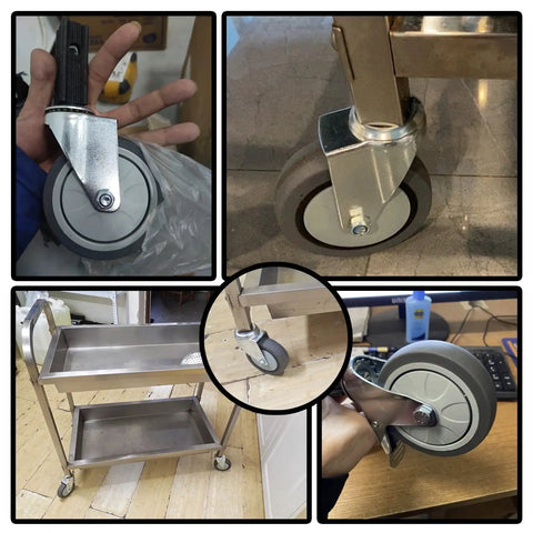 Set Of Four Smooth Operator 4 Inch Swivel Casters Dead Silent Tpr Rubber Glides mounted on a stainless steel cart.