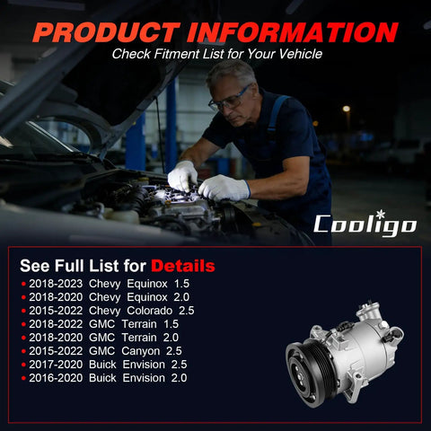 Pro Grade AC Compressor With Clutch And Five Groove Pulley Fits Chevy Equinox 1.5L 2018 2019 2020 shown with fitment list