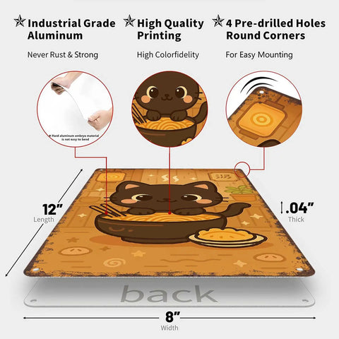 Vintage Metal Sign With Cute Cat Chowing Ramen And Dumplings, Totally Funny Wall Decor For Home Room Garage Or Office, 8x12 Inch Tin Sign Poster, Easy Mount Wall Art displayed with product details