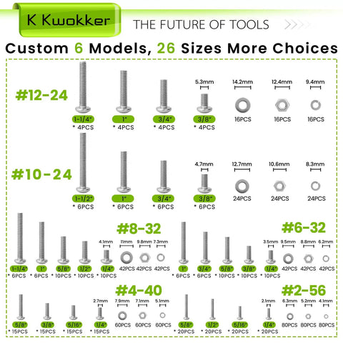 Hella Durable 1059 Piece Stainless Steel Screw And Nut Assortment Kit With Phillips Pan Head Machine Fasteners Flat And Lock Washers 304 Grade Hardware Tray sizes and models infographic.