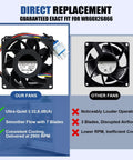 Comparison image of upgraded refrigerator evaporator fan motor replacement for multiple refrigerator models next to standard fan.