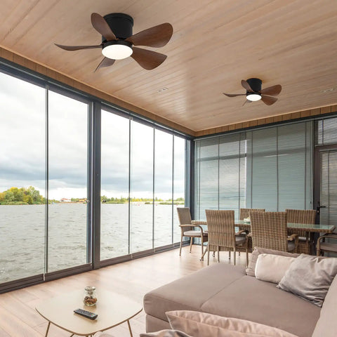 Flush Mount 30 Inch Ceiling Fan With Lights And Remote Low Profile Indoor Outdoor Fan For Patio, shown on porch ceiling.