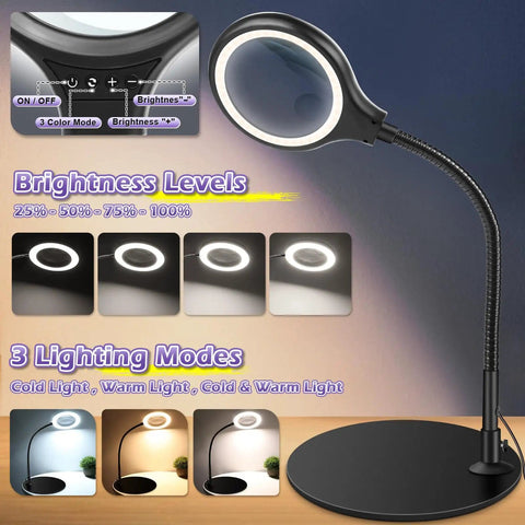 Desk Magnifying Lamp With 10X 20X Glasses Hands Free Stand Lighted Magnifier Three Color Modes For Crafts Reading Books Sewing