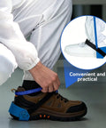 Person adjusting 10 Pack Adjustable ESD Wrist Straps For Workshop Pros Antistatic Wrist Bands with Buckle on shoe and ankle.
