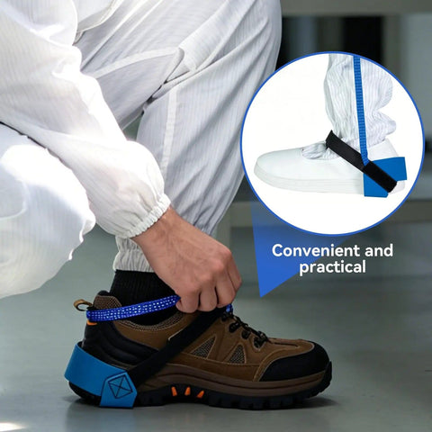 Person adjusting 10 Pack Adjustable ESD Wrist Straps For Workshop Pros Antistatic Wrist Bands with Buckle on shoe and ankle.