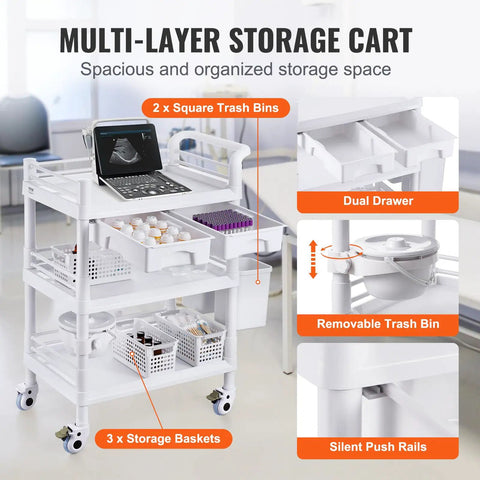 Medical Mobile Trolley Cart With 2 Drawers And 3 Trash Cans, featuring baskets on three tiers and silent wheels, shown in a clinic.