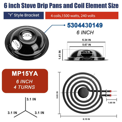 Diagram showing dimensions of Black Porcelain Drip Pan and MP22YA Burner Replacement for Frigidaire Kenmore Tappan Electric Stovetops