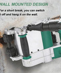 Close-up of Electric Wall Groove Cutter 1100W with adjustable depth, mounted on a concrete wall, showing design and handles.