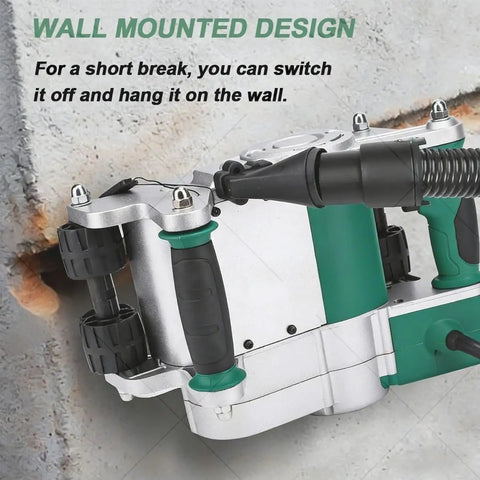 Close-up of Electric Wall Groove Cutter 1100W with adjustable depth, mounted on a concrete wall, showing design and handles.