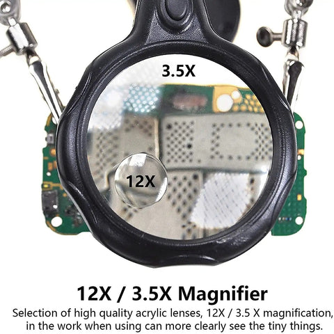 3.5X12X Helping Hands Soldering Station With LED Light And Alligator Clips, featuring dual magnifier for detailed view