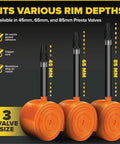 Image showing three TPU inner tubes with 45mm, 65mm, and 85mm Presta valves, highlighting compatibility. Ultra Lightweight TPU Inner Tube For Road And Gravel Bikes 700x18-32 With 65mm Presta Valve Fits 18C To 32C Tires Durable Flexible And Reliable 2 Pack With Repair Patch Kit For Quick Fixes.