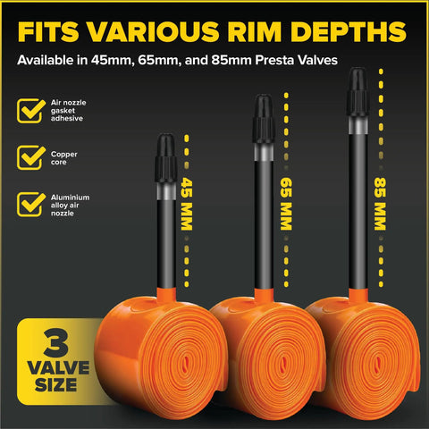 Image showing three TPU inner tubes with 45mm, 65mm, and 85mm Presta valves, highlighting compatibility. Ultra Lightweight TPU Inner Tube For Road And Gravel Bikes 700x18-32 With 65mm Presta Valve Fits 18C To 32C Tires Durable Flexible And Reliable 2 Pack With Repair Patch Kit For Quick Fixes.