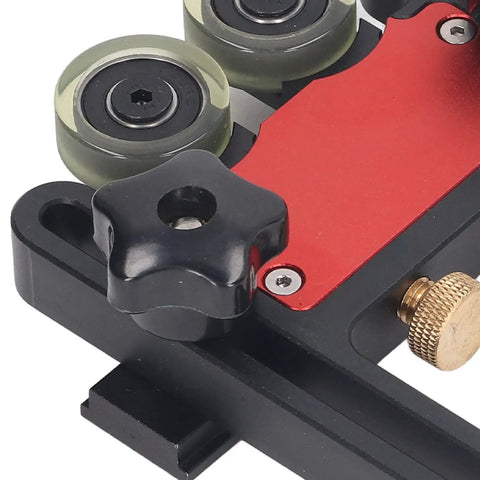 Close-up of the Beast Mode Adjustable Featherboard Kit with smooth polyurethane wheels, showcasing the aluminum frame and adjustment knobs.