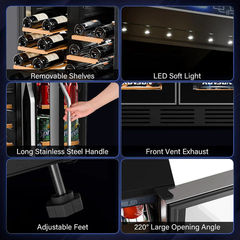 34 Bottle Dual Zone Wine And Beverage Fridge With Independent Temperature Control And LED Panel details like shelves and handle