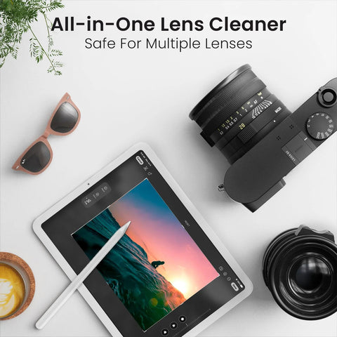 EVEO Glasses Cleaning Cloths 6-pack microfiber lens cleaning cloths; flat lay with camera gear and pink sunglasses