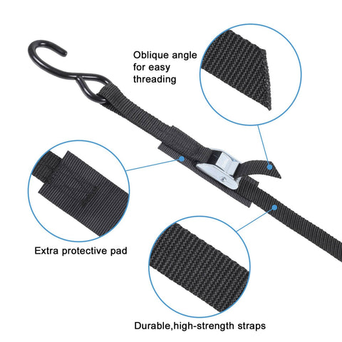 Heavy Duty Tie Down Straps With Hook Cam Buckle 1 Inch By 8 Feet 1200 Lb Break Strength 400 Lb Working Load Extra Soft Loops Black close-up