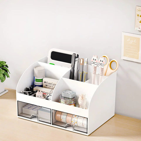Ultimate Desk Organizer With Six Compartments And Two Drawers, Plastic Makeup Organizer And Pen Holder, White Desktop Storage on desk