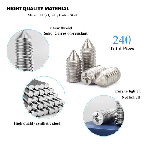 Nickel Plated Carbon Steel Tip Screws Set With 2mm Driver 240 Pcs showing close-up of screws and synthetic steel material