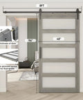 Built Tough Frosted Glass Barn Door 48 By 96 Inches with 8FT gray sliding track in modern interior setting.