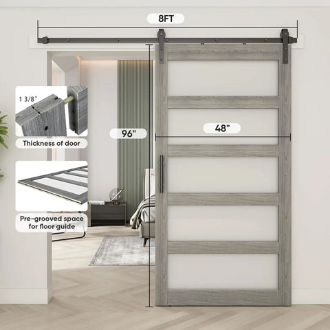 Built Tough Frosted Glass Barn Door 48 By 96 Inches with 8FT gray sliding track in modern interior setting.
