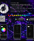 6-Hole RGB Fiber Optic Headliner Starlight Kit With APP Control display, color options and mobile app interface on screen