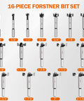 KENDO 16-piece Forstner bit set made of alloy steel for woodworking with storage case
