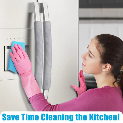 Woman cleaning fridge with gray "Refrigerator Door Handle Covers Set Of 6 Trim To Fit Washable Fridge Handle Protector Keeps Dirty Handprints Off No Hassle Easy Timesaver Kitchen Decor Gray Looks Great" installed.