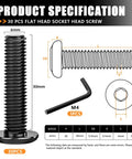 M6x30mm Flat Head Socket Cap Screws For Furniture, 304 Stainless Steel 18 8 Countersunk Connector Screws, diagram and hex spanner