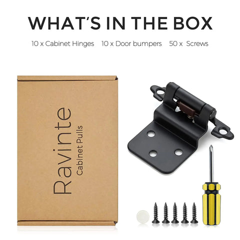 10 Pack 5 Pairs Three Eighths Inch Inset Kitchen Cabinet Door Hinges Black Semi Concealed Face Frame Self Closing Hardware With Door Bumpers And Included Screwdriver For Easy Install box contents