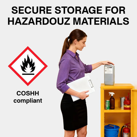 Heavy Duty Flammable Storage Cabinet In Galvanized Steel With Adjustable Shelves, woman organizing hazardous materials
