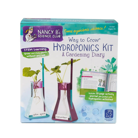 Transform Kids Into Junior Botanists With This Hella Awesome Stem Grow Kit Featuring Zero Hassle Indoor Soil Free Planting Plus Glass Flasks And Discovery Logs in a hydroponics kit box with plants.