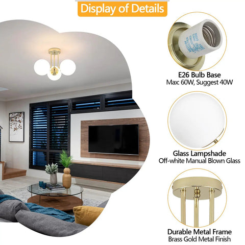 Gold 3 Light Semi Flush Mount Ceiling Light Fixture With Off White Hand Blown Glass Shade for Living Room Display