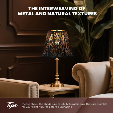 Medium Modern Style Lamp Shades With Multiple Sides Tree Pattern Metal Spider Lampshade For Table Lamps And Floor Lights 7 Top Diameter 13 Point 8 Bottom Diameter 9 Point 5 Height Black Gold on table
