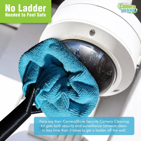 CameraWand surveillance camera cleaning kit with blue microfiber cloth wiping the dome lens