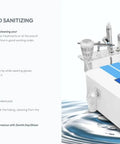 EquiSheer Pro Grade Hydrodermabrasion Equipment Cleansing And Sanitizing Solution For Hydration Facial Machines, Aqua Peel Rinse And Clean, Hydro Peeling Gear Maintenance After Treatments, 16 Oz, US Brand bottle next to hydrodermabrasion machine