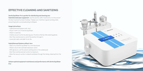 EquiSheer Pro Grade Hydrodermabrasion Equipment Cleansing And Sanitizing Solution For Hydration Facial Machines, Aqua Peel Rinse And Clean, Hydro Peeling Gear Maintenance After Treatments, 16 Oz, US Brand bottle next to hydrodermabrasion machine