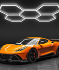 Hexagon LED Honeycomb Garage Light System 192W 23040LM Ultra Bright 6500K White Ceiling Lights with sports car underneath