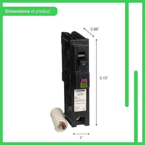 Dual Function 20 Amp Circuit Breaker With CAFI And GFCI, 1 Pole, 120V AC, 10kA Breaking Capacity, shown with dimensions and pigtail