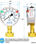 MEANLIN 2.5-inch liquid-filled pressure gauge, front and side views, 0–100 psi, stainless steel frame, 3/4 in female NPT