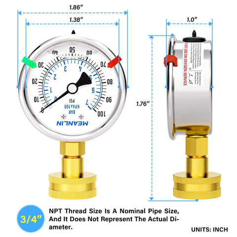MEANLIN 2.5-inch liquid-filled pressure gauge, front and side views, 0–100 psi, stainless steel frame, 3/4 in female NPT