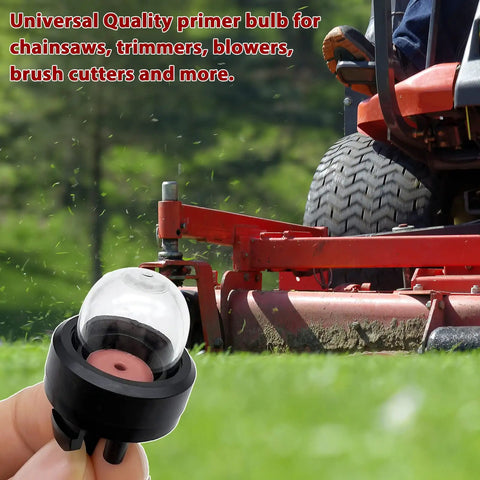 Close-up of a Six Pack Snap In Primer Bulbs Replacement for gas power tools, with background view of a lawnmower in use.