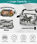 Cowboy Themed Lunch Box With A Horse Ride Design For Women And Men Reusable Insulated Lunch Tote shown with capacity and fruit inside.
