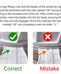 Instructions showing correct and incorrect installation of 2 In 1 Socket Fan Light With Remote Must Have Dimmable LED Ceiling Fan