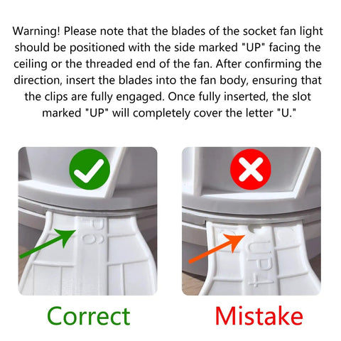 Instructions showing correct and incorrect installation of 2 In 1 Socket Fan Light With Remote Must Have Dimmable LED Ceiling Fan